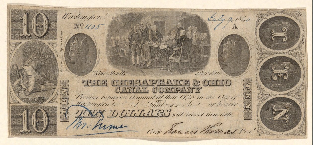 Banknot za 10 USD wystawiony przez The Chesapeake and Ohio Company z winietą Trumbulla autorstwa Unknown