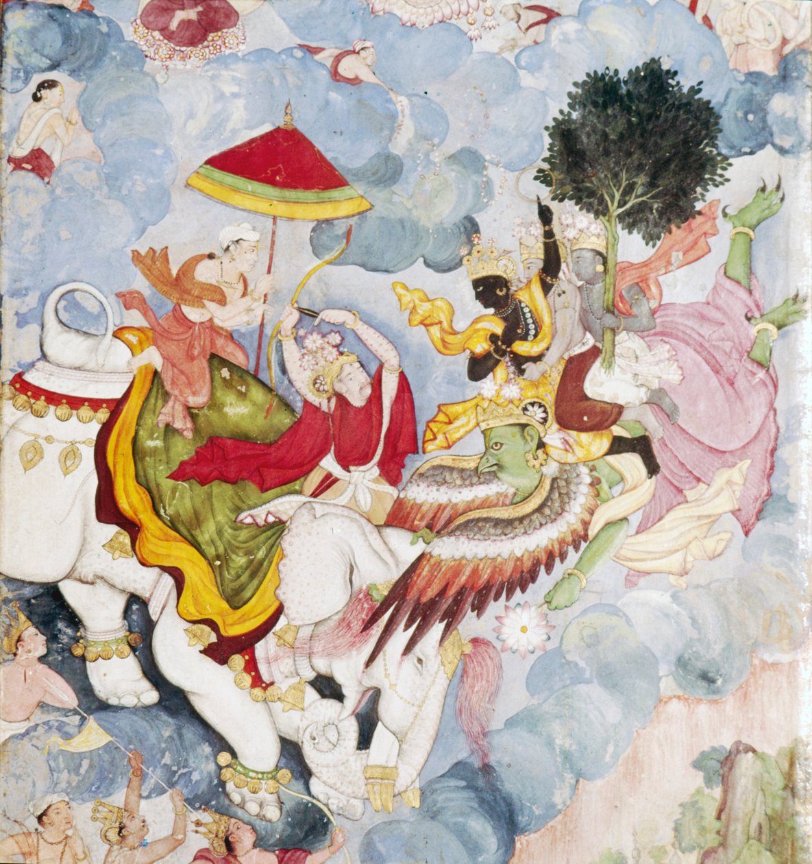 Krishna, o Bogu-Ptaku, Garuda walczy z Indrą na słoniu, rękopis Harivamsa, c1590 autorstwa Unknown