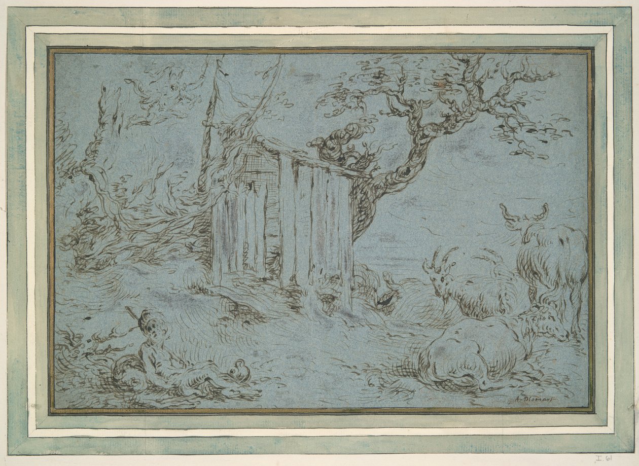 Krajobraz z Merkurym zbliżającym się do pasterza (recto); Głowa zwierzęcia (verso) autorstwa Unknown