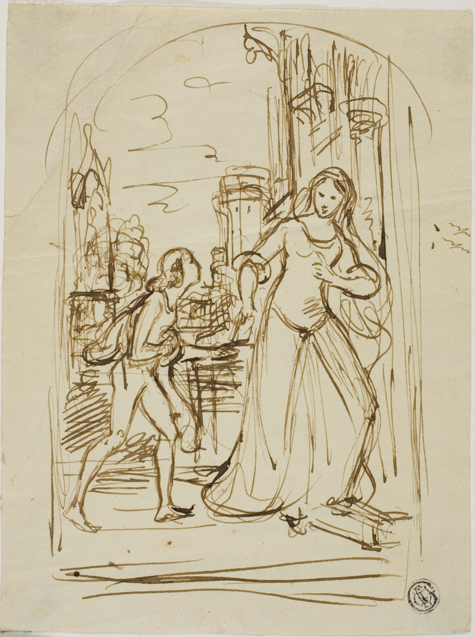 Ilustracja liternicza: Średniowieczna dama z kartką (recto); Szkice postaci (verso) autorstwa Unknown