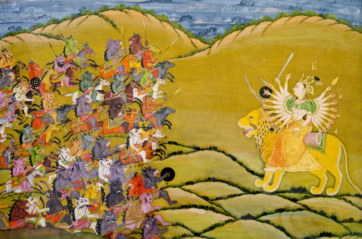 Obraz Marwar: Demony przygotowują się do bitwy z boginią Durga, muzeum pałacowe Mehrangarh Fort, Jodhpur, Radżastan, Indie autorstwa Unknown