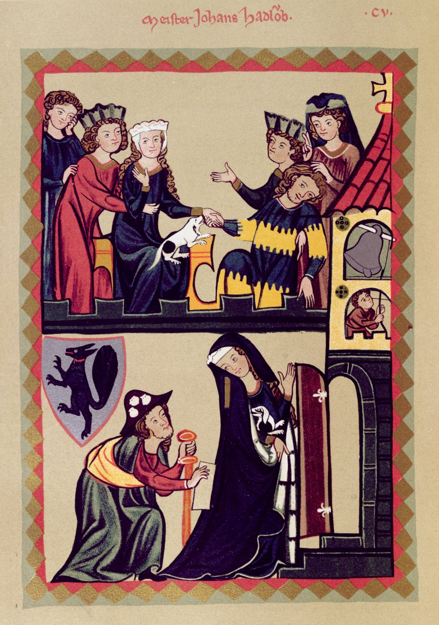Mistrz Johannes Hadloub, ilustracja z faksymile Kodeksu Manesse lub Grosse Heidelberger Liederhandschrift, wykonana w Zurychu ok. 1305-40 autorstwa Unknown