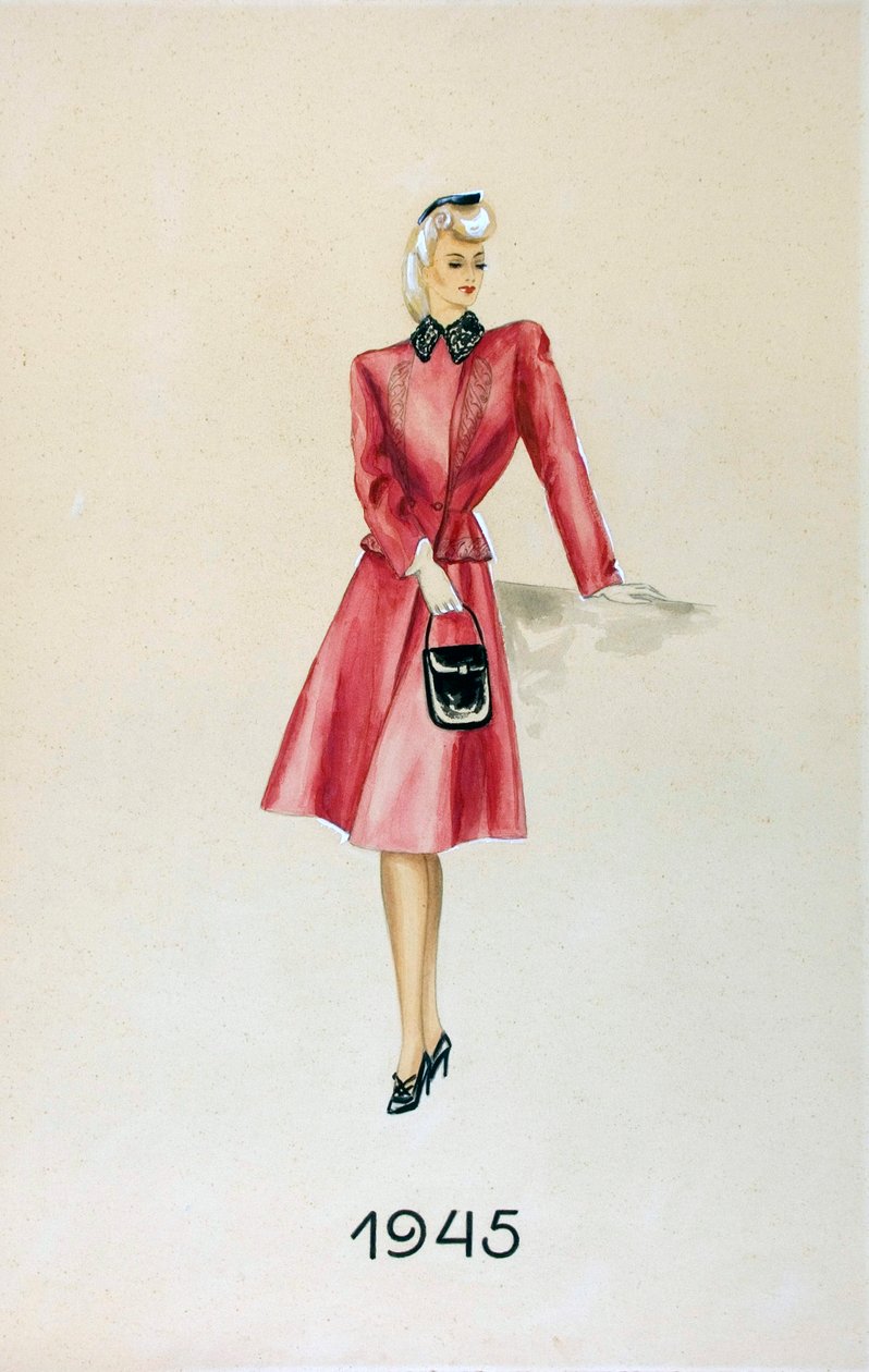 Modelka w garniturze, trzymająca torebkę, 1945 autorstwa Unknown