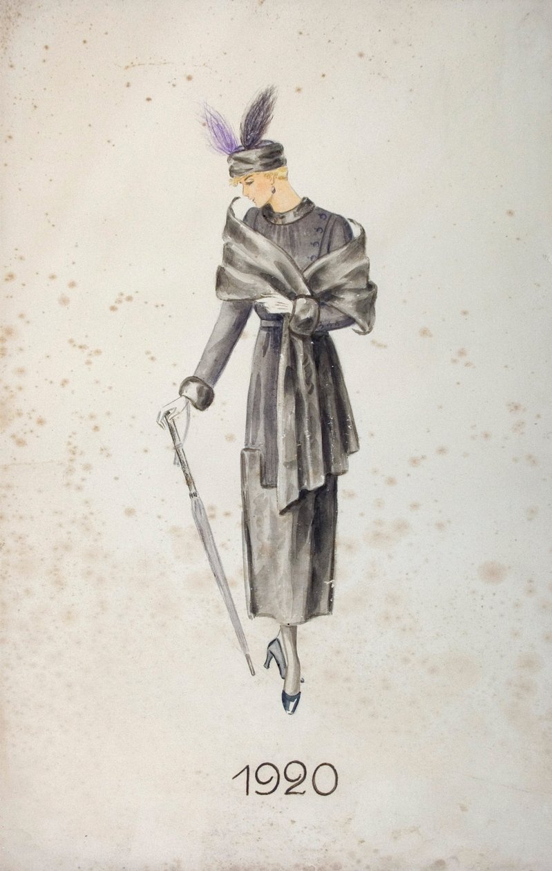 Modelka w płaszczu i czapce z piórami, trzymająca parasolkę, 1920 autorstwa Unknown
