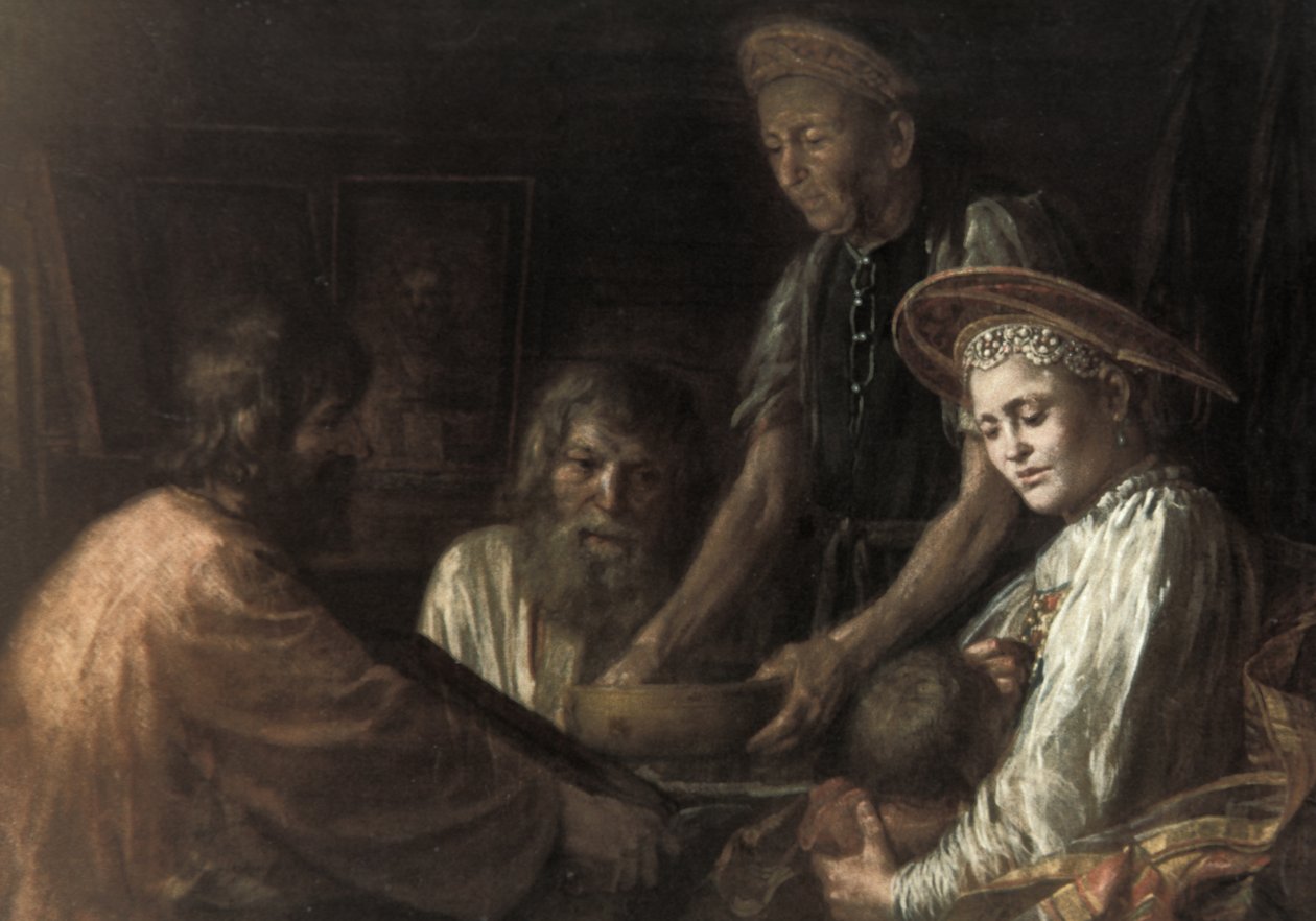 Chłopi jedzący obiad obraz Michaiła Shibanova, 1774. autorstwa Unknown