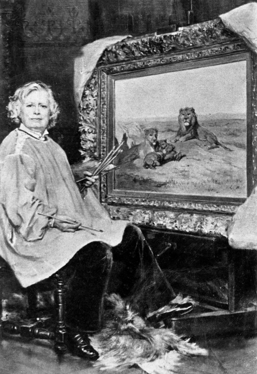 Rosa Bonheur (1822-1899) Francuska malarka przyrody tutaj przed jednym ze swoich płócien przedstawiających lwy ok. 1930 r. 1875 autorstwa Unknown