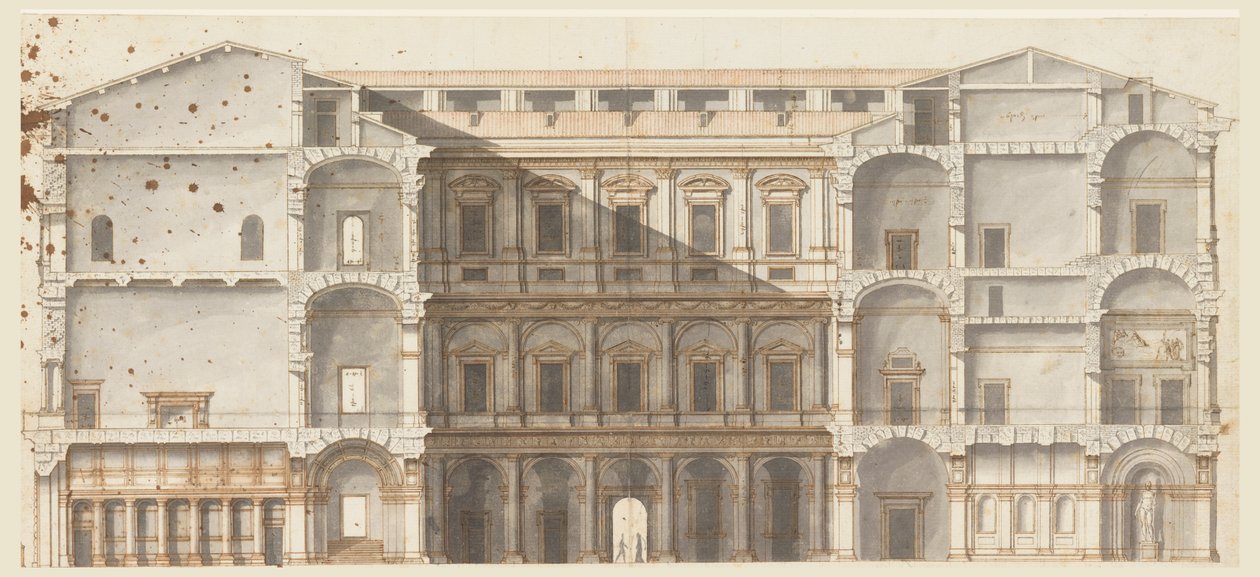 Przekrój skrzydeł i elewacja muru na dziedzińcu, Palazzo Farnese, Rzym autorstwa Unknown