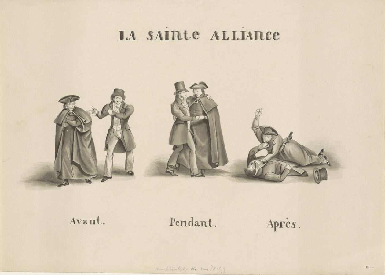 Karykatura sojuszu zawartego między rzymską partią duchowną a partią liberalną przeciwko rządowi holenderskiemu, 1828 La Sainte Alliance (tytuł na obiekcie) autorstwa Unknown