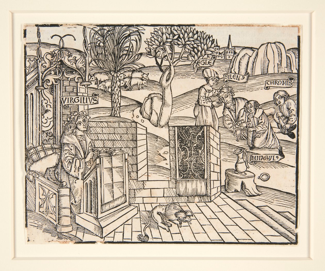 Pasterze Chromis i Mnasyle wiążą śpiącą Silenus. 1502. Z ilustrowanej publikacji Wergiliusza autorstwa Unknown