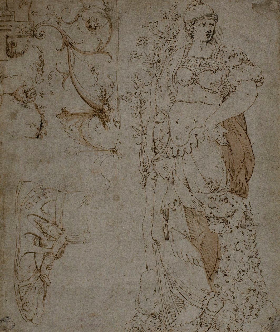 Trzy szkice: męstwo, sandał i groteski (recto); Szkice groteski i kirys rzymski (verso) autorstwa Unknown