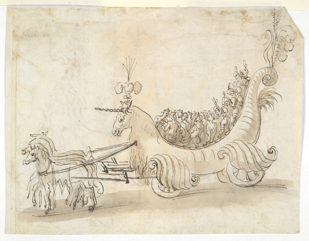 Dwa studia kostiumowe (recto); Rydwan w formie jednorożca (verso) autorstwa Unknown