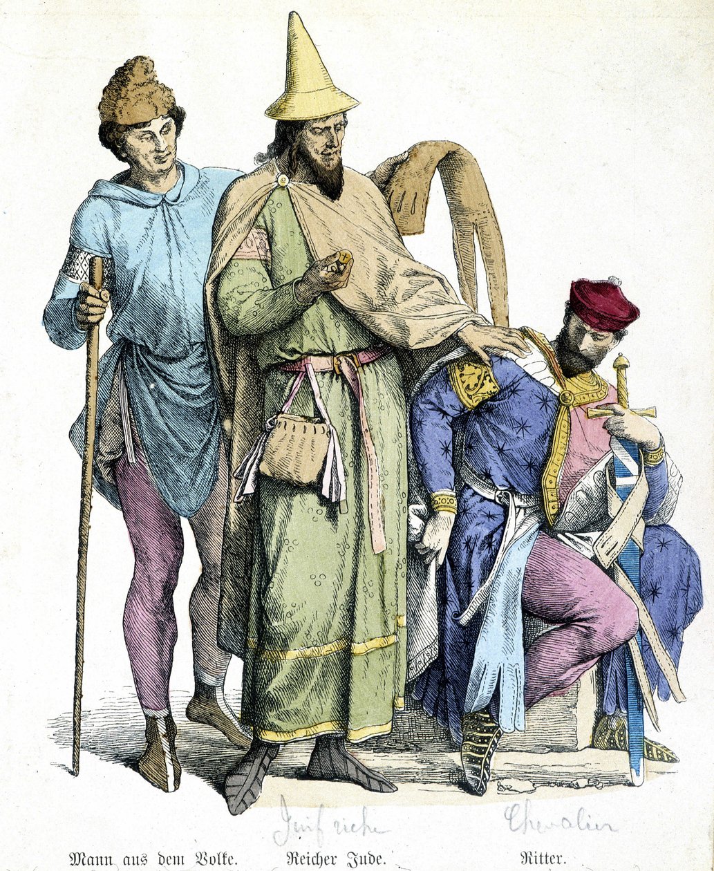 Stroje z XI wieku: bogaty Żyd i rycerz - rycina autorstwa Unknown artist
