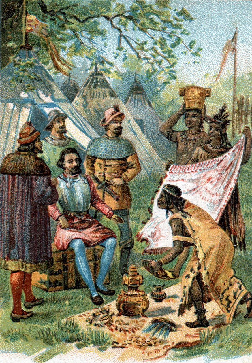 1518 - 1519: Fernand Cortez wyjechał na podbój Meksyku otrzymuje prezenty od cesarza Montezumy. autorstwa Unknown artist