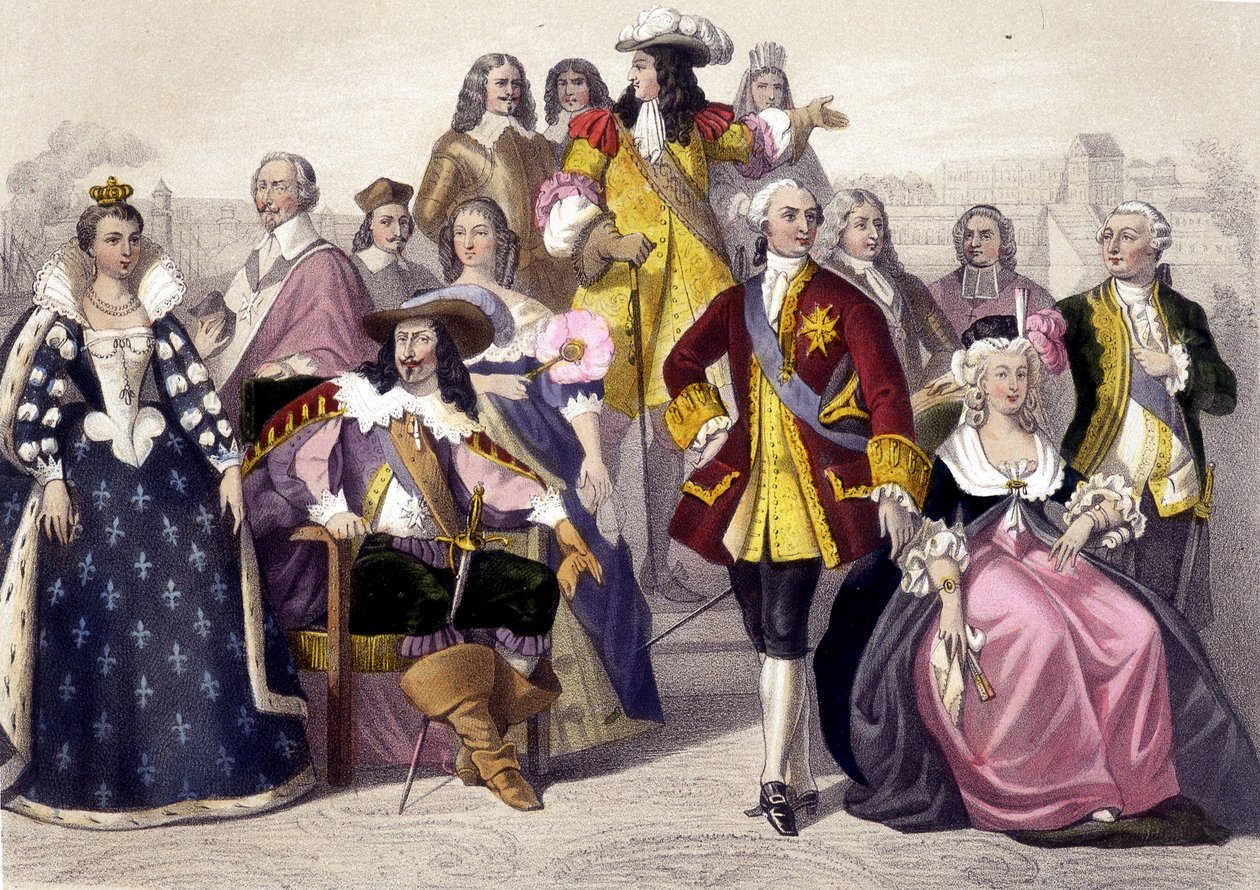 1610 do 1774. Marie de Medici, Ludwik XIII, Ludwik XV, Maria Antonina i Ludwik XVI. Rycina XIX wieku. autorstwa Unknown artist