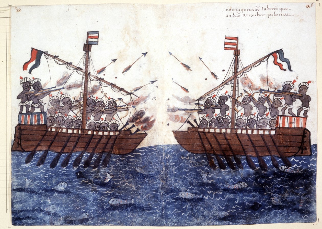 Grawerunek z XVI wieku przedstawiający spotkanie z pirackim statkiem na Oceanie Indyjskim. Rzym biblioteca Casantense. autorstwa Unknown artist