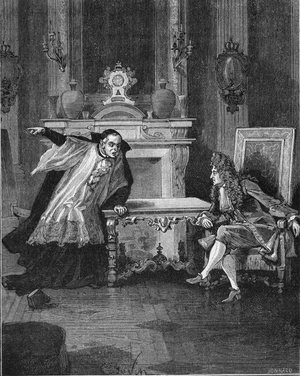 1715: król Francji Ludwik XIV (1638-1715) wysłuchujący słów ojca Michela Le Tellier (1643-1719), swego spowiednika jezuitów. Rycina XIX wieku. W „Histoire de France” Julesa Micheleta autorstwa Unknown artist