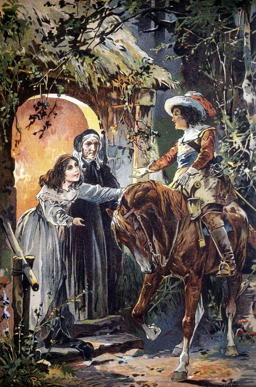 XIX-wieczna ilustracja przedstawiająca epizod z bajki dla dzieci: rycerz odwiedzający młodą dziewczynę i jej babcię. Rytownictwo. autorstwa Unknown artist
