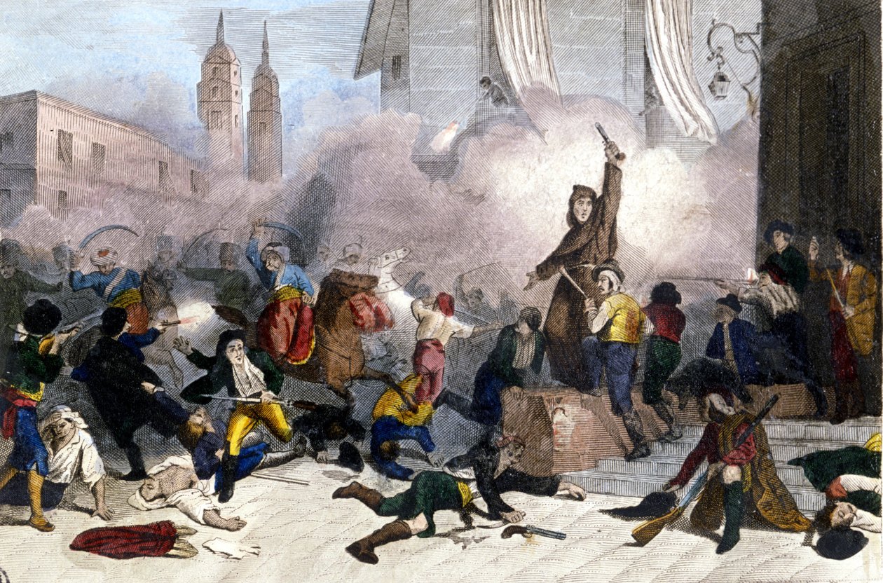 2/05/1808: Powstanie w Madrycie przeciwko francuskiemu przejęciu Hiszpanii. Rycina XIX wieku autorstwa Unknown artist