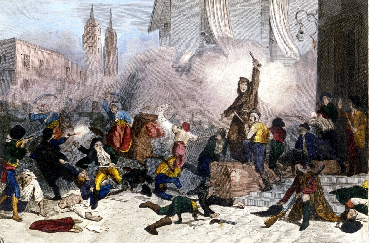 2/05/1808: Powstanie w Madrycie przeciwko francuskiemu przejęciu Hiszpanii. Litografia około 1830 r. autorstwa Unknown artist