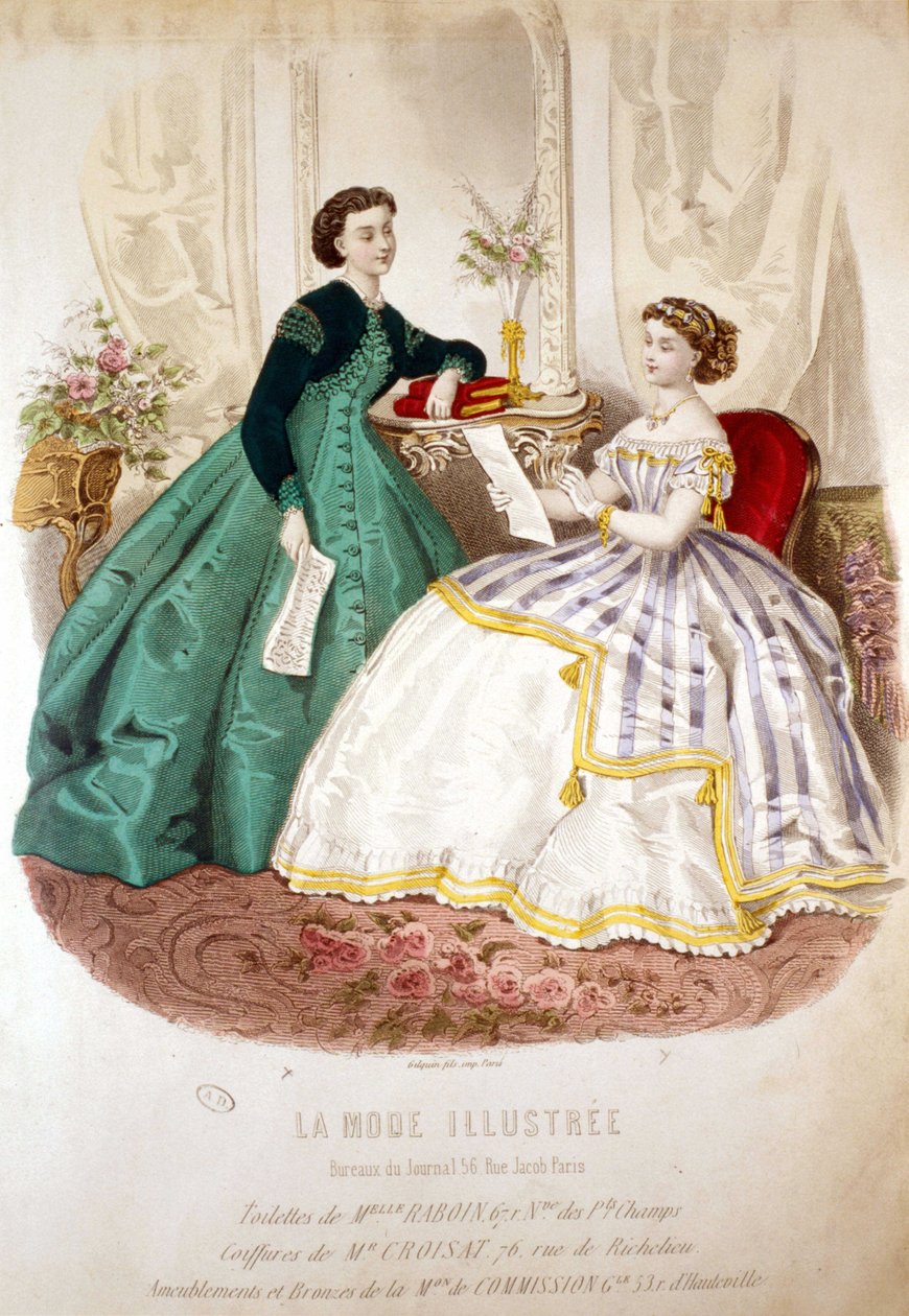 2 kobiety czytające: toaleta panny Raboin i fryzury M. Croisat - w „Ilustrowanym La Mode”” autorstwa Unknown artist