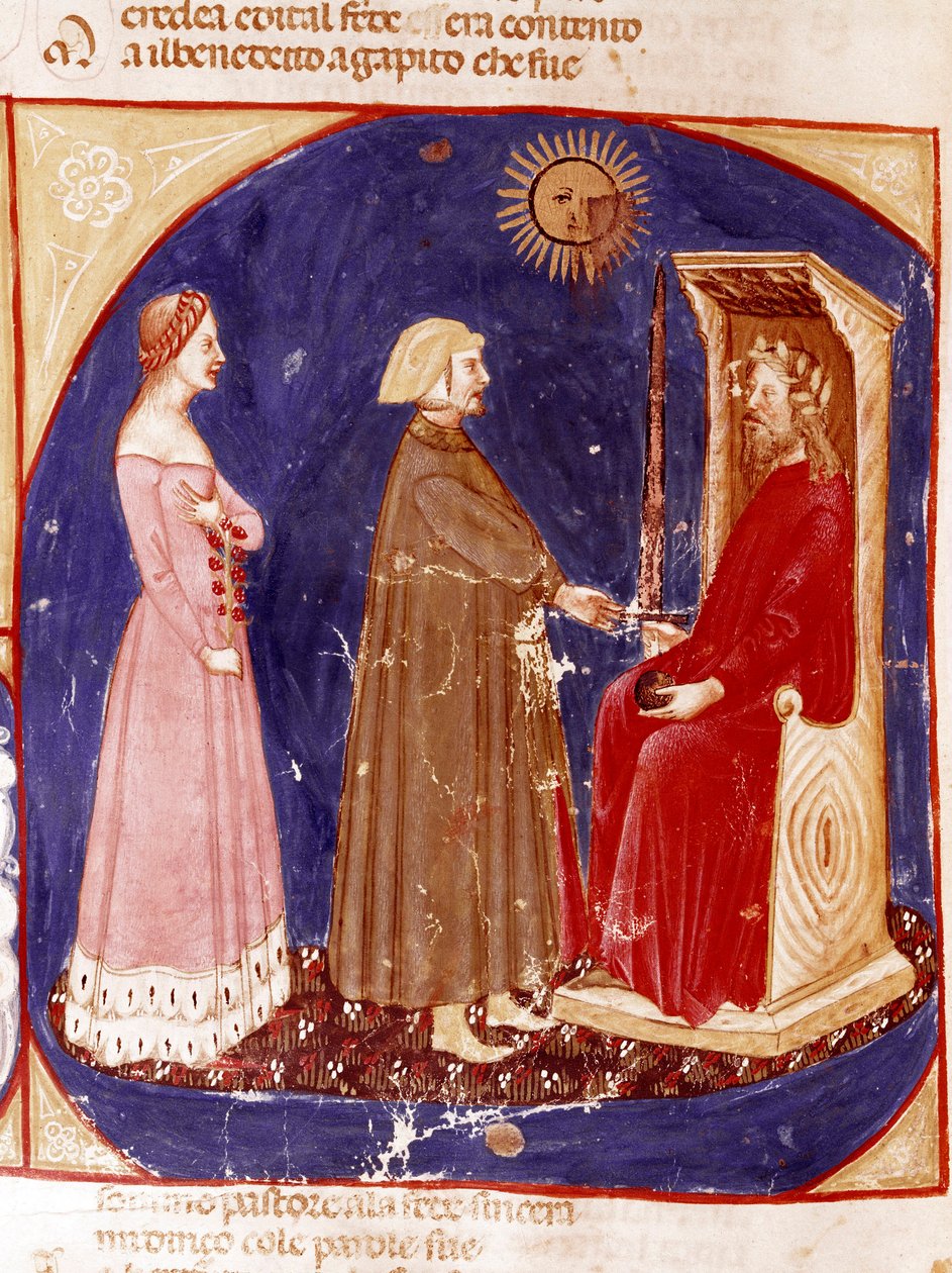 Drugie niebo: Dante i Beatrice mierzą się z rzymskim cesarzem Justynianem w pierwszym raju. Podświetlana strona ilustrująca pieśń Paradise z „Divina Commedia” Dante Alighieri (1265-1321). XIV wiek, Wenecja, Biblioteca Marciana autorstwa Unknown artist