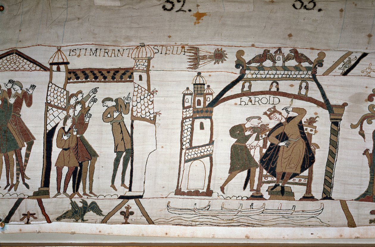32: Pojawienie się komety; 33: Posłaniec ostrzega króla Harolda II (1022 - 1066) - gobelin z Bayeux, znany jako haft królowej Matyldy autorstwa Unknown artist