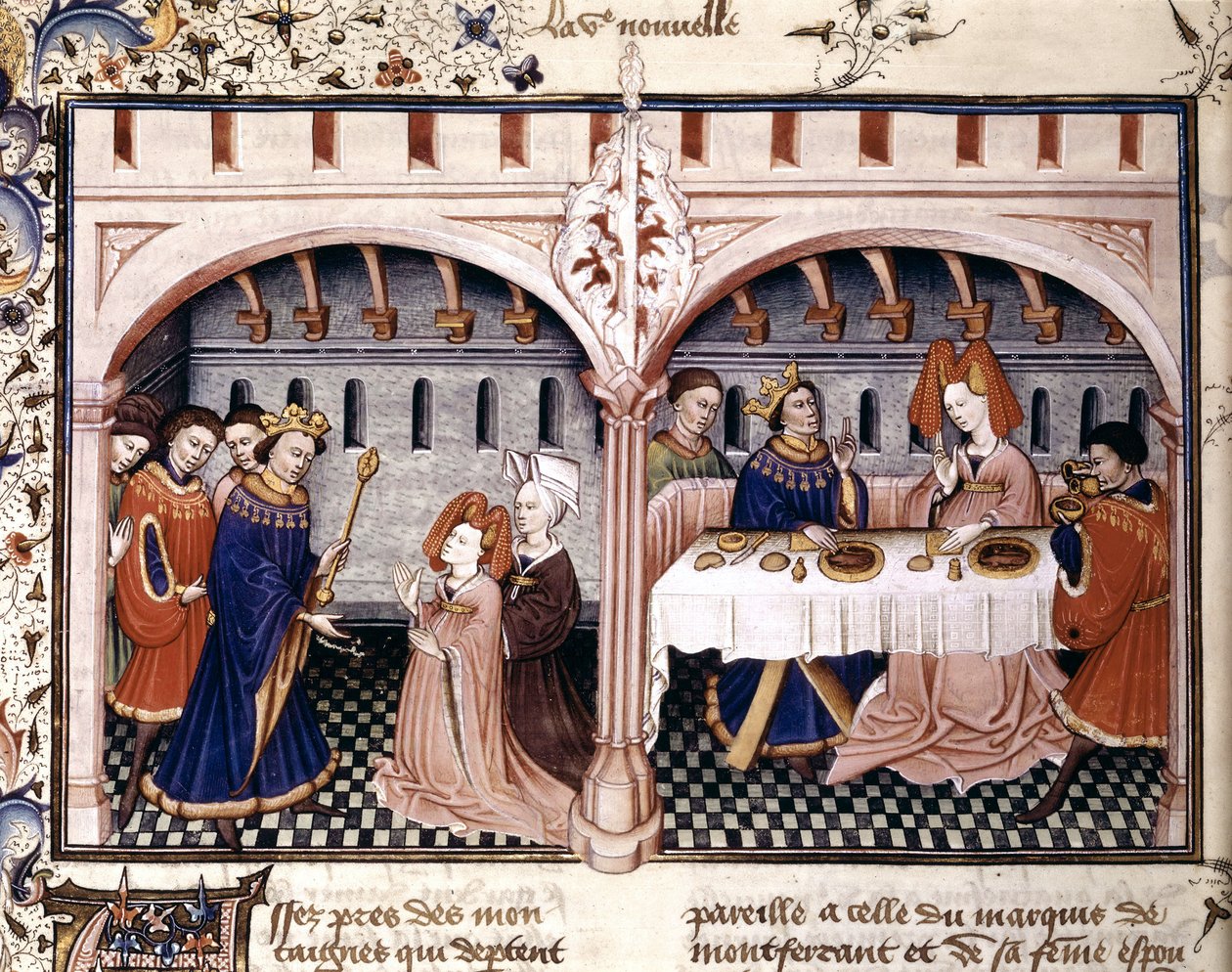 Szóste opowiadanie: Giovanna jedząca lunch z Federigo Alberighi, to iluminacja wydobywająca się z Dekameronu Boccaccia (1432) autorstwa Unknown artist