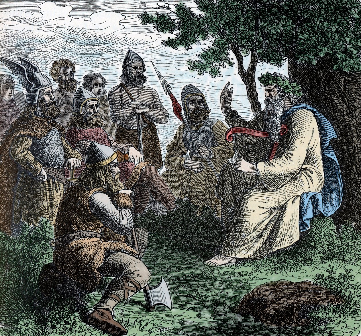 Bard recytujący ludziom północy - Viking Civilization: Bard Druid recytujący poezję wojownikom, VIII-IX w. autorstwa Unknown artist