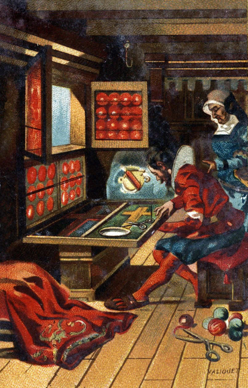 Ornat (robotnik wykonujący wszelkiego rodzaju stroje kościelne) w 1546 r. Chromolitografia z końca XIX wieku. autorstwa Unknown artist