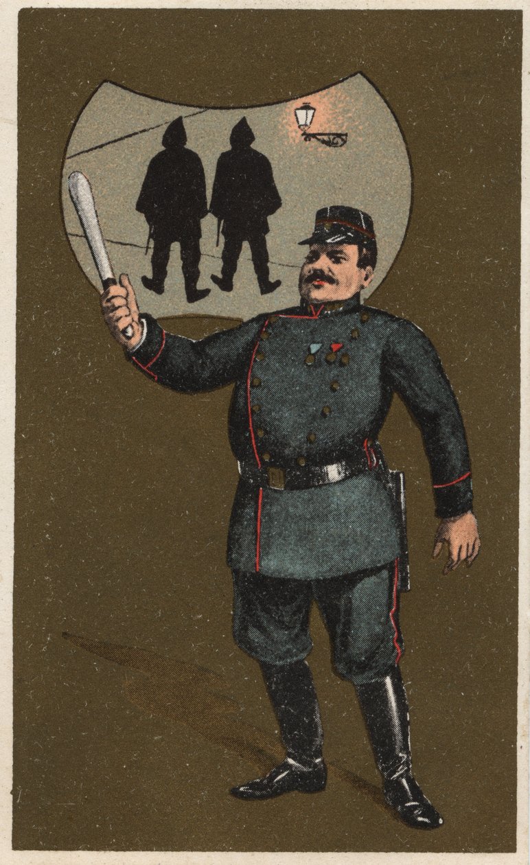 Francuski policjant w mundurze z pałką. Anonimowa chromolitografia, koniec XIX wieku. autorstwa Unknown artist