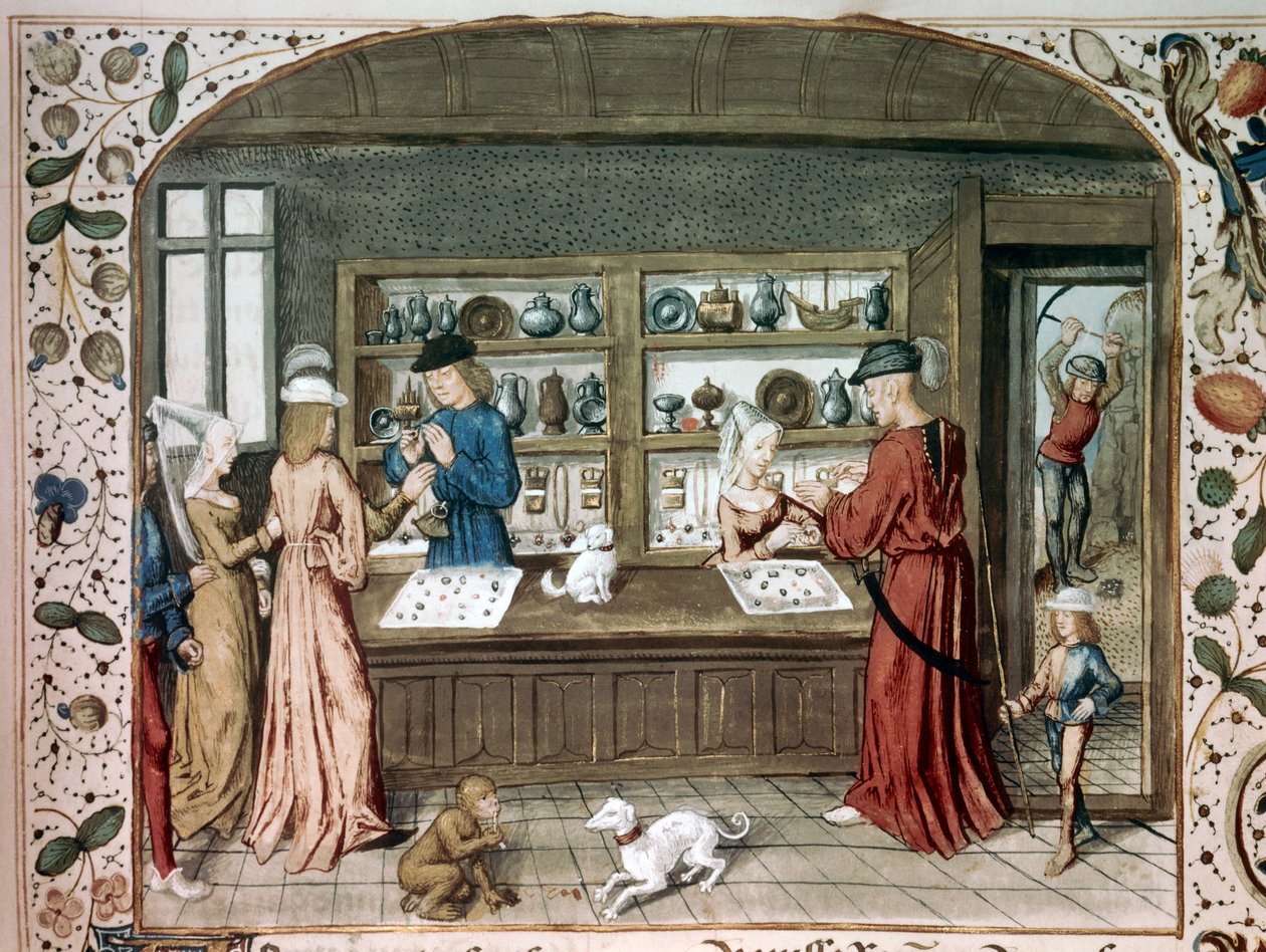 Miniaturowy sklep jubilerski z „” Le lapidaire de Jean (Jehan) de Mandeville (1300-1372)” XV-wieczny Paryż, B.N. autorstwa Unknown artist