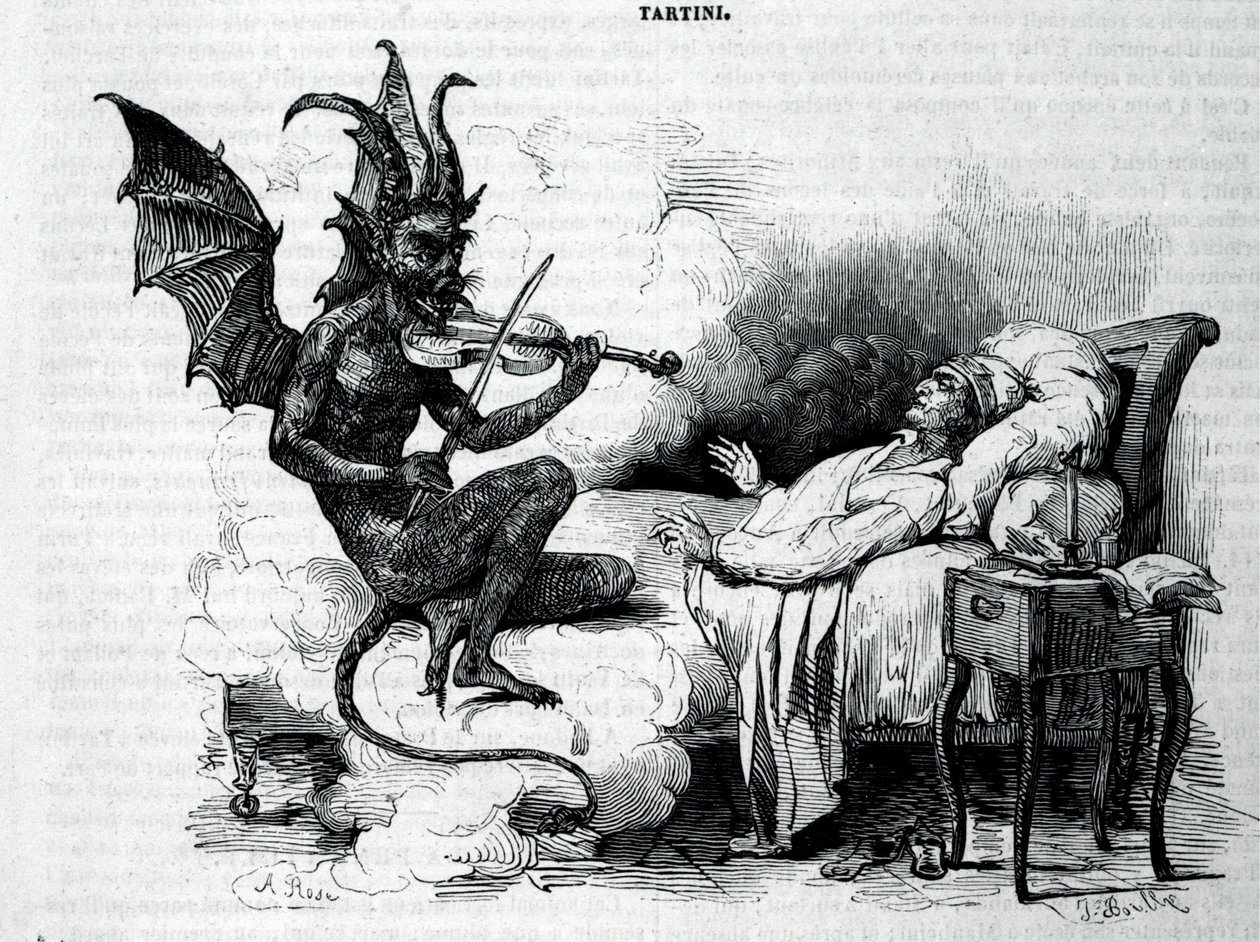 Satyra grająca na skrzypcach przed Giuseppe Tartinim (1692-1770), włoskim kompozytorem, skrzypkiem i teoretykiem. Rycina XIX wieku. autorstwa Unknown artist