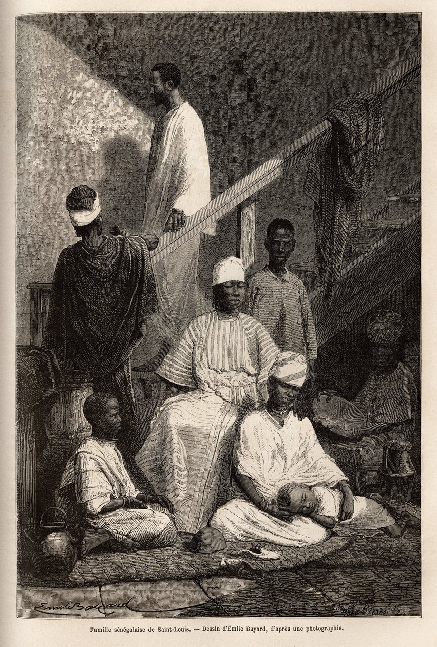 Senegalska rodzina z Saint Louis (Saint Louis). Grawer ilustrujący rejs po wybrzeżu Afryki, autorstwa wiceadmirała Fleuriot de Langle, w 1868 r., opublikowany w „Le tour du monde”” 1872, pod redakcją Edouarda Chartona, wyd. Hachette, Paryż. Selva Co autorstwa Unknown artist