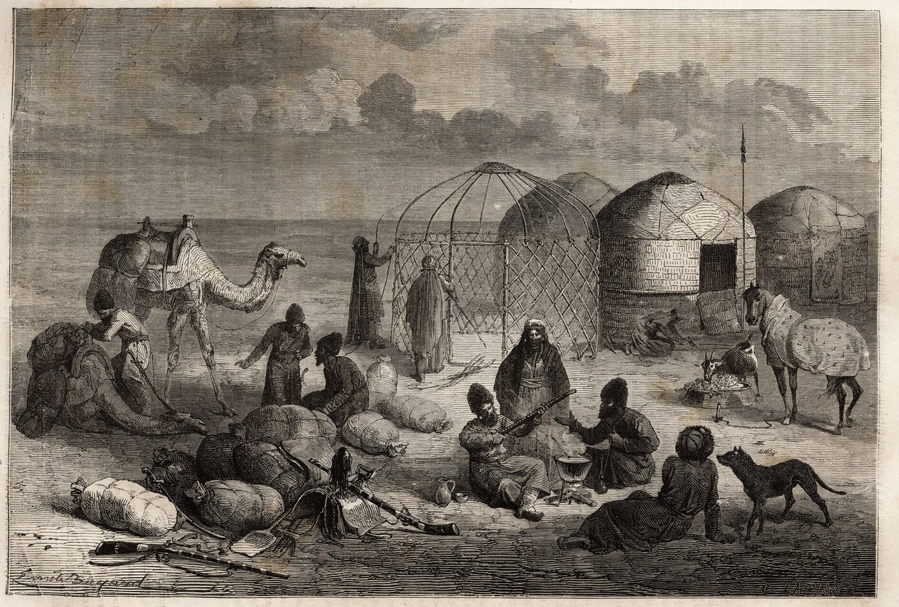 W obozie Turkmenów na pograniczu Turkiestanu i Persji, każdy namiot, zbudowany z drewnianych krat i pokryty filcem, mieści rodzinę. Grawer ilustrujący historię Henri de Blocqueville „14 mois de captivite chez les turcomans” między 1860 a autorstwa Unknown artist