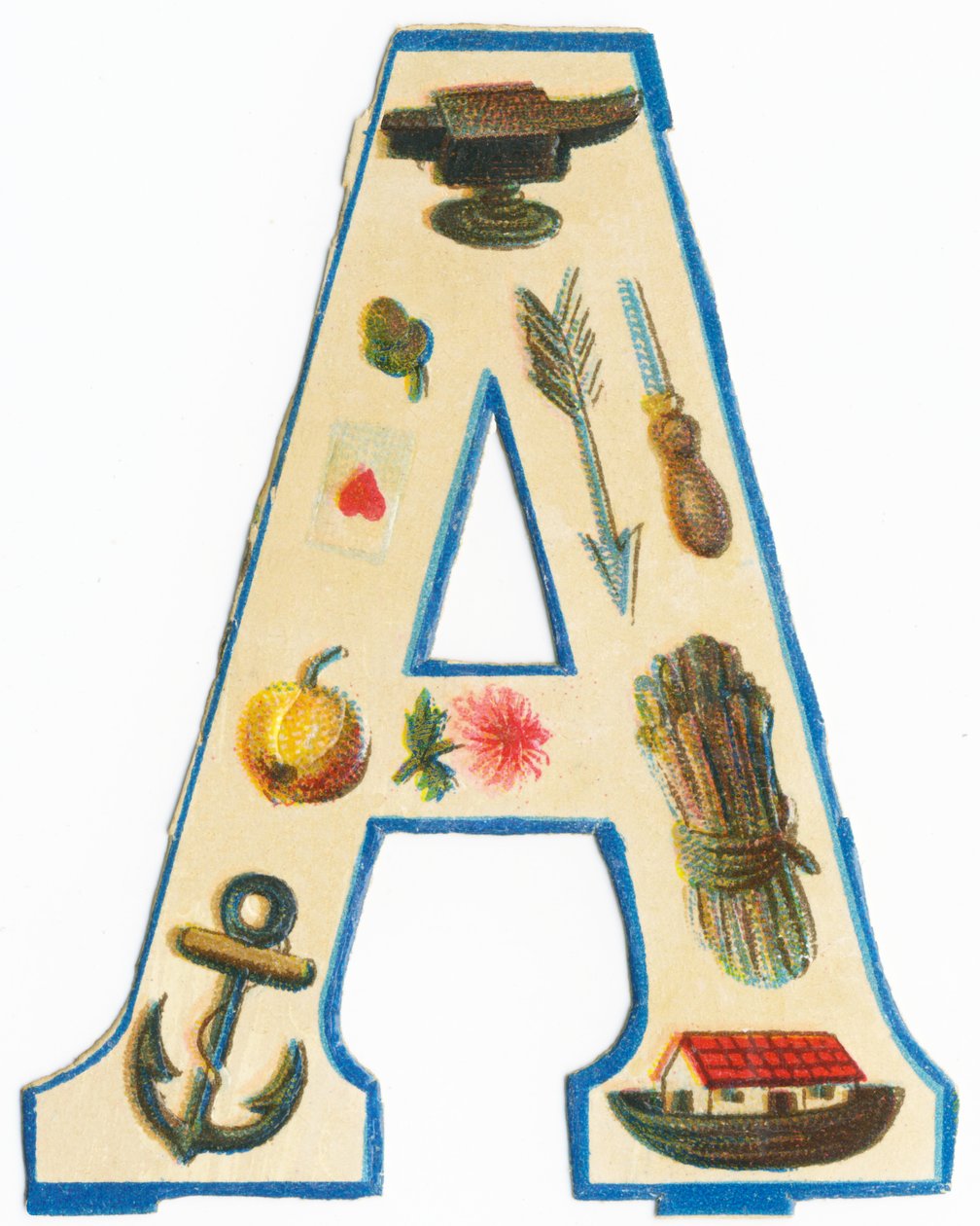A: kowadło, karczoch, strzała, as kier, szydło, jabłko, aster, kotwica, łuk Noego, szparagi (kolor lito) autorstwa Unknown artist
