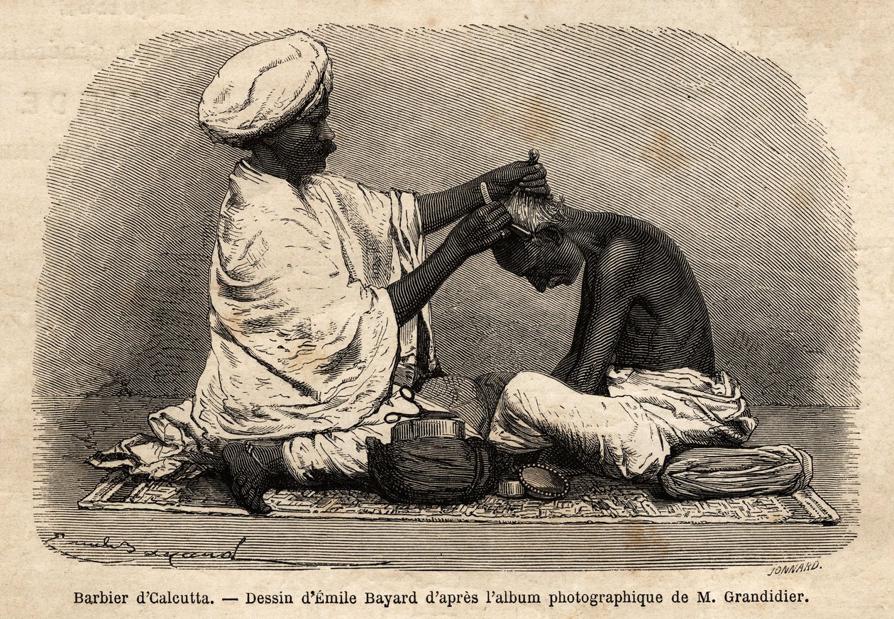 Fryzjer pracujący na ulicach Kalkuty. Rycina ilustrująca podróż po południkowych prowincjach Indii, Alfreda Grandidiera, w latach 1862-1864, opublikowana w „” le tour du monde””, pod redakcją D