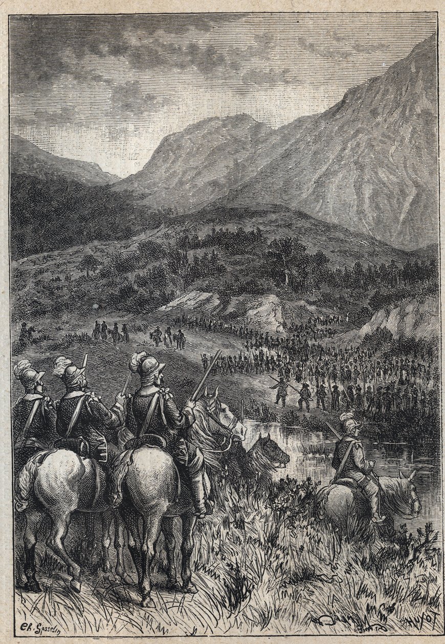 Pole bitwy - XIX-wieczna ilustracja do powieści historycznej „Purytanie Szkocji” (Stara śmiertelność) Waltera Scotta (1771-1832) autorstwa Unknown artist