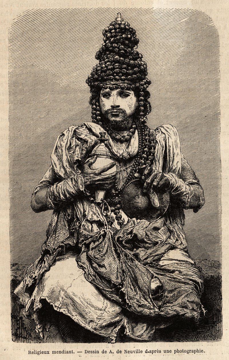 Zakonnik żebrak. Rycina ilustrująca podróż w południkowe prowincje Indii, autorstwa Alfreda Grandidiera, w latach 1862-1864, opublikowana w „”le tour du monde””, pod kierunkiem D