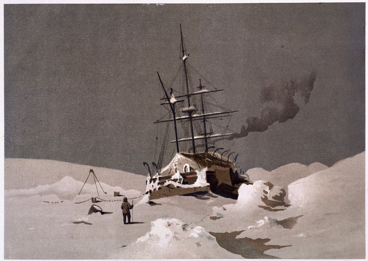 Łódka uwięziona w lodzie - w „Wybrzeżu morza polarnego, narracja ekspedycji arktycznej”, dr Edward Moos, Marcus Nard & Co, Londyn autorstwa Unknown artist