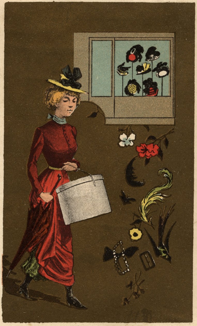 Mieszczanka niosąca puzderko na kapelusze, chromolitografia anonimowa, koniec XIX w. autorstwa Unknown artist