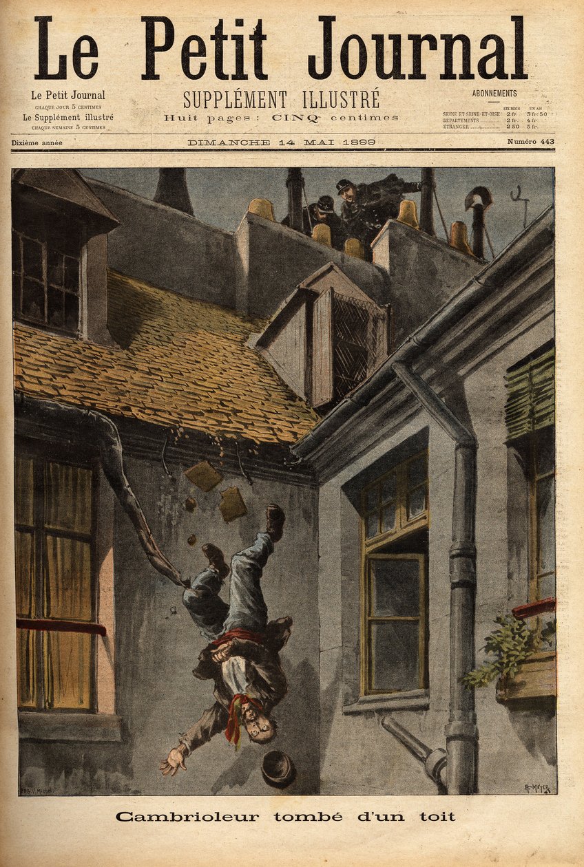 Włamywacz spada z dachów ulicy Notre Dame w Nazarecie i w opadzie ucieka przed policjantami. Grawerowanie w „”Le petit journal”” 14.05.1899. Kolekcja Selva. autorstwa Unknown artist