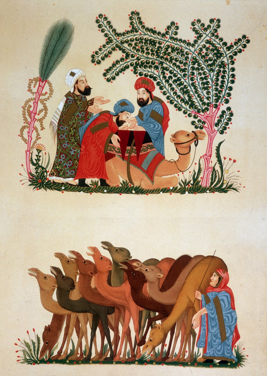Karawana w ruchu. Ilustracja z XIII wieku „Maqamat” (Seanse) autorstwa Abu Mohammeda al-Kasima ibn Ali Hariri (albo Al-Hariri lub Al Hariri) (1054-1122) w „”Sztuce arabskiej”” z pomników w Kairze od VII wieku do XVIII wieku autorstwa P autorstwa Unknown artist