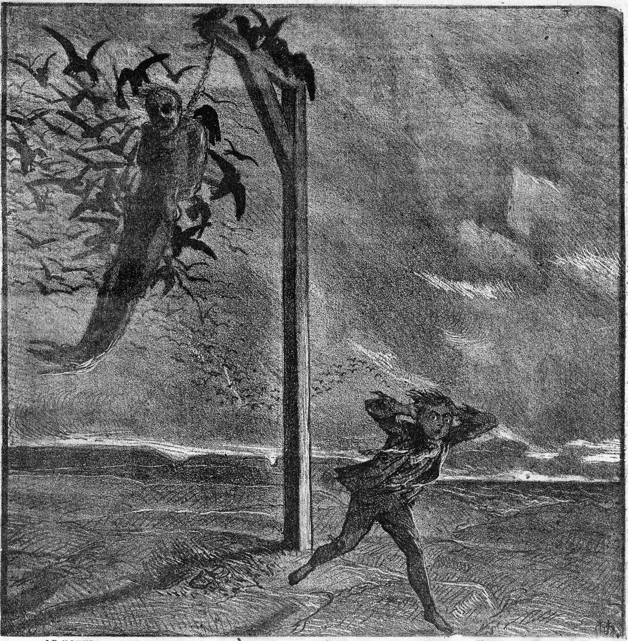 Dziecko jest przerażone widokiem wisielca pochłoniętego przez wrony - Ilustracja „Człowieka, który się śmieje” autorstwa Victora Hugo (1802-1885) - Grawerowanie w „” Le Journal Illustrée”” autorstwa Unknown artist
