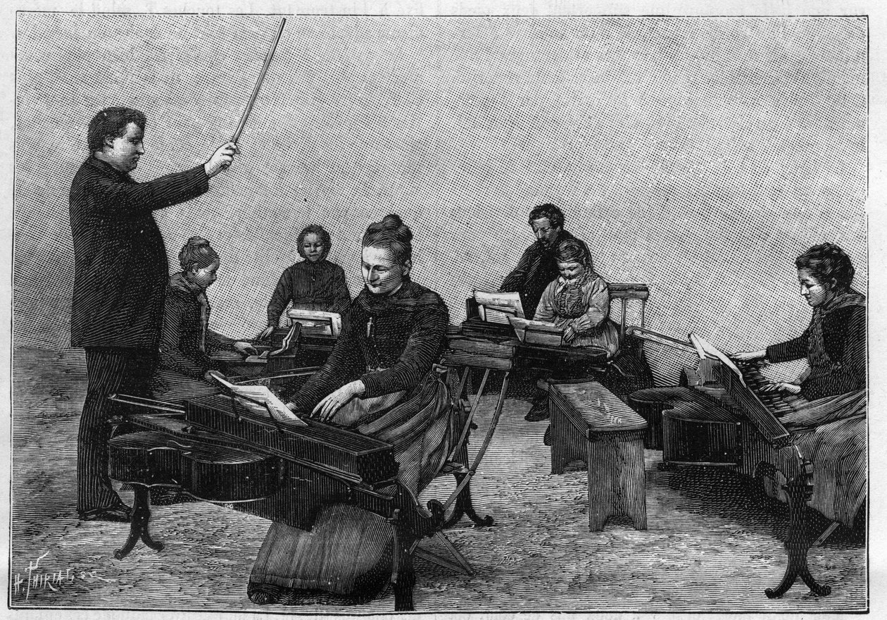 Koncert monokordów wykonywanych przez młode dziewczyny. Grawerowanie w „” Naturze. Przegląd nauki i jej zastosowań w sztuce i przemyśle. autorstwa Unknown artist