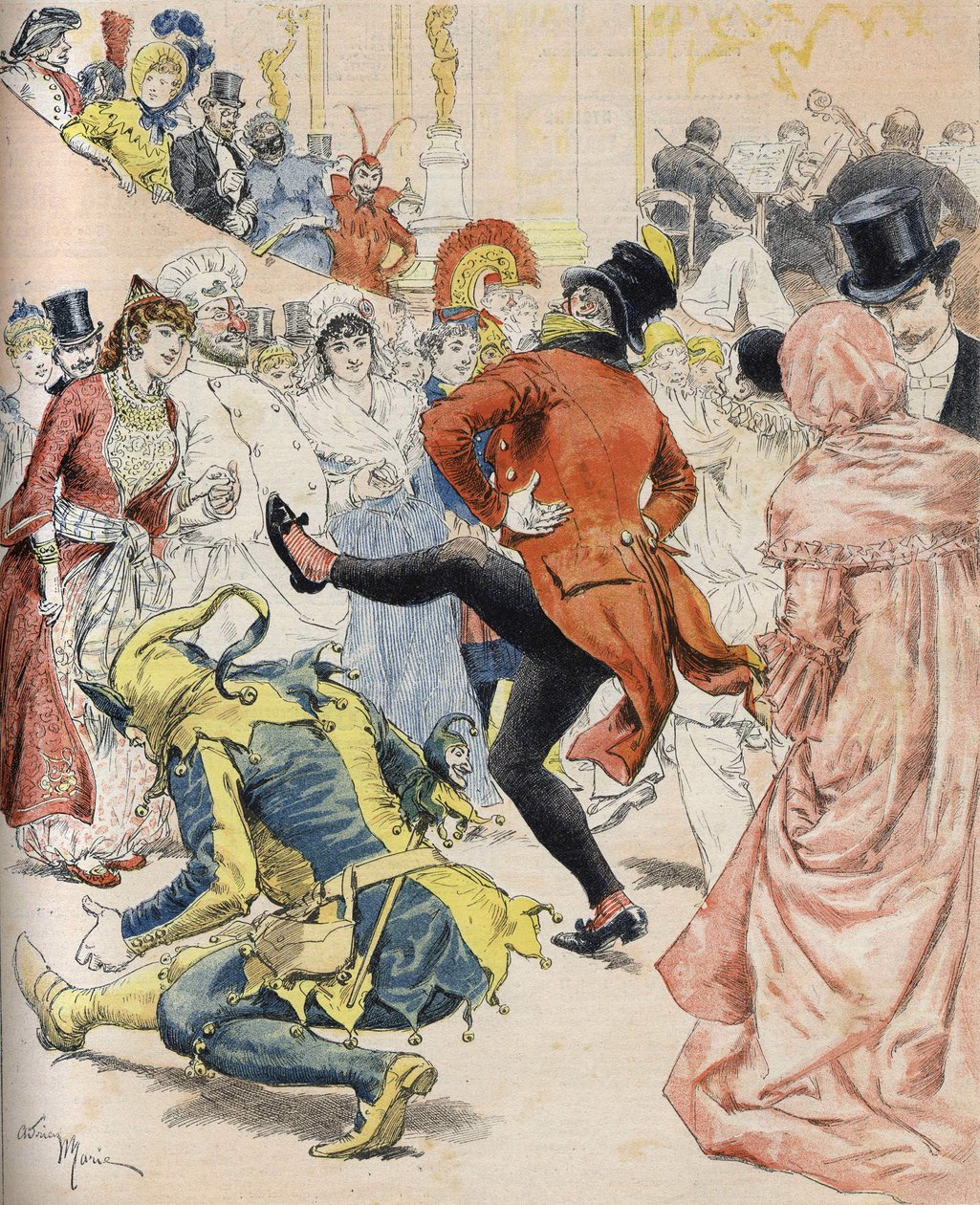 Bal kostiumowy w XIX wieku. Ilustracja Adriena Marie w „niedzielnym słońcu” ze stycznia 1893 r. Kolekcja Bianchetti autorstwa Unknown artist