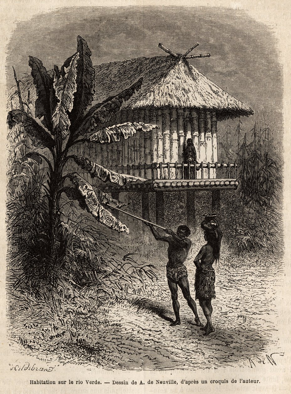 Para Indian z Rio Verde (Brazylia) mężczyzna z sarbakanem przed typowym domem na palach. Rycina ilustrująca podróż do Nowej Granady, autorstwa dr Saffray, w 1869, opublikowana w „” Le tour du monde””” 1873, pod redakcją Edouarda Chartona, e autorstwa Unknown artist