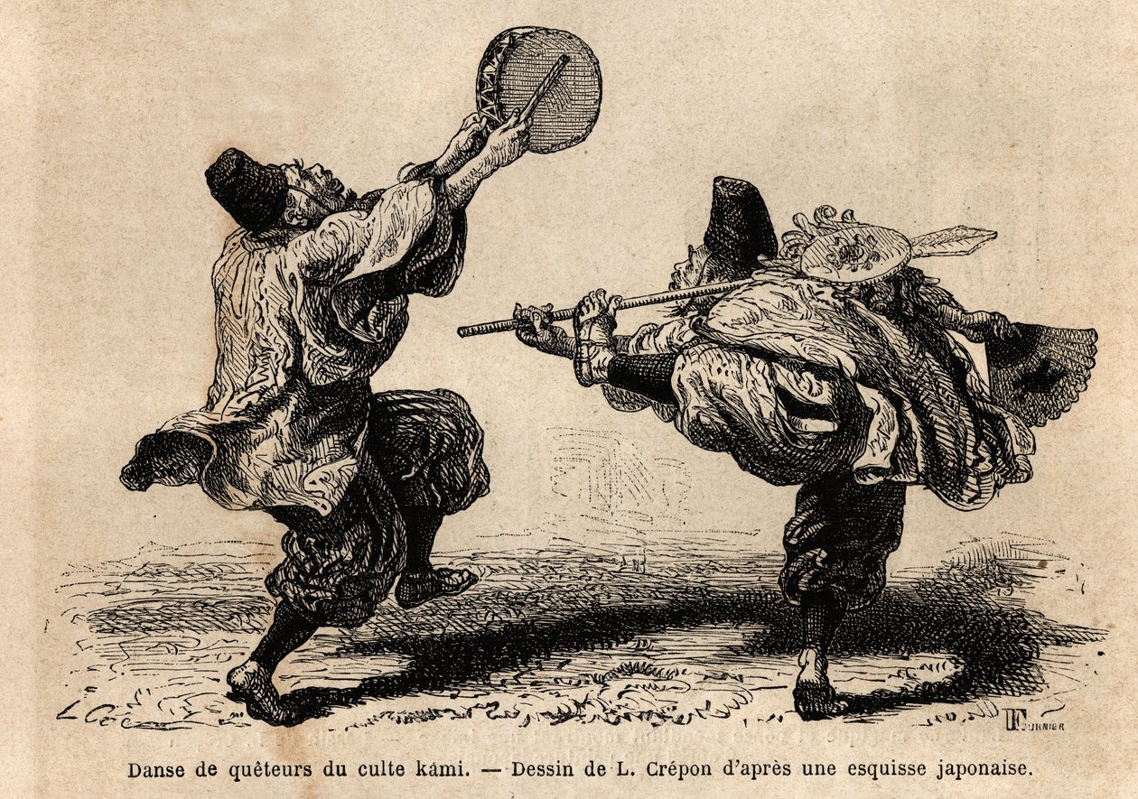 Taniec narady kultu Kami, z recytacją litanii i nieoczekiwanymi figurami choreograficznymi. Rycina ilustrująca podróż do Japonii Aime Humberta, ministra Konfederacji Szwajcarskiej, w latach 1863-1864, opublikowana w „”le tour du monde””, autorstwa Unknown artist