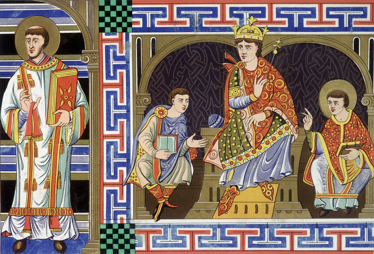 Diakon, postać szlachecka, król i ekwa ilustrująca ludzi X wieku; Ilustracja XIX wieku czerpie z „Francji w X wieku”. autorstwa Unknown artist