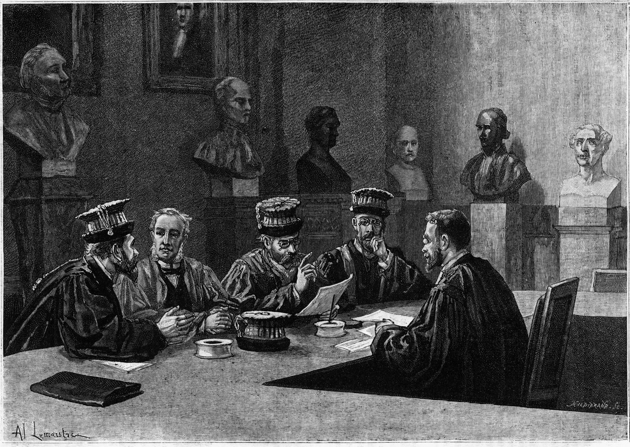 Ich obrona ze szkoły medycznej Dzielnicy Łacińskiej w Paryżu. Grawerowanie w „Le journal de la jeunesse”” autorstwa Unknown artist