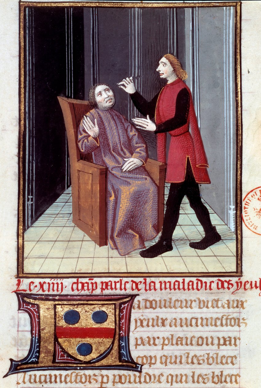Lekarz operujący oko swojego pacjenta Miniatura zaczerpnięta z „”Histoire de la medecine”” XVI-wieczny Paryż, B.N. autorstwa Unknown artist
